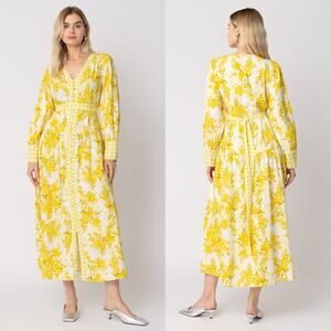 Raishma NWT Yellow Floral Aaliyah Button Front Midi Dress Resort Wear Coastal
